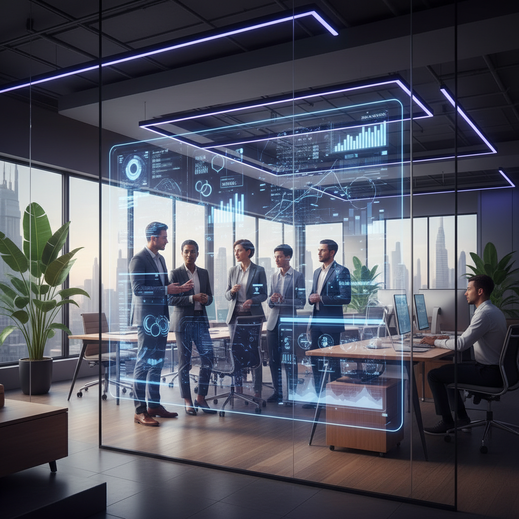 Enterprise team collaborating with AI-powered analytics dashboards in modern office
