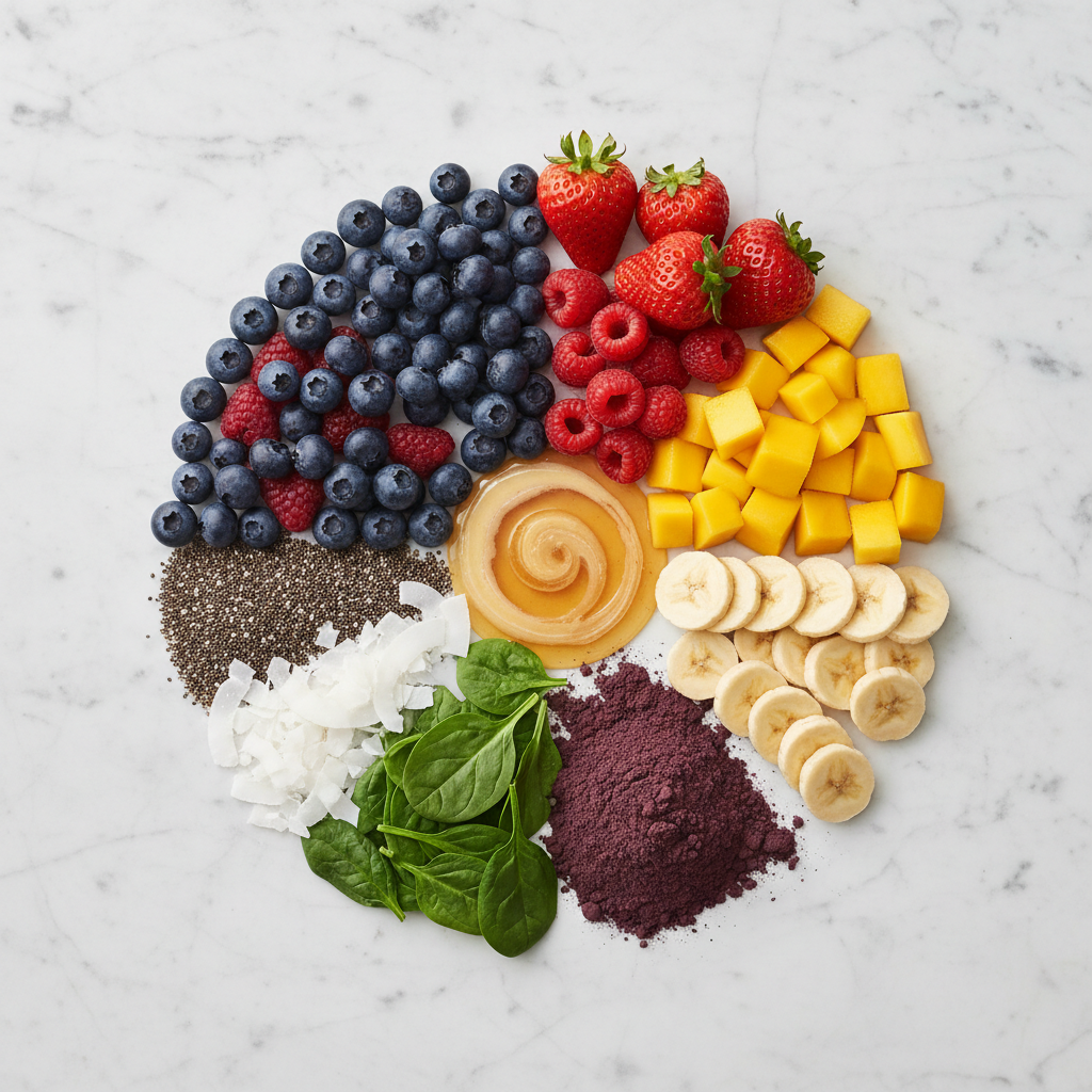 Premium organic smoothie ingredients flat lay