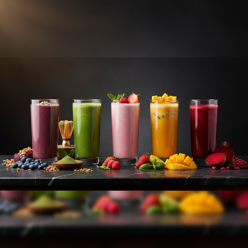 Complete lineup of five premium BLEND smoothies in different vibrant colors