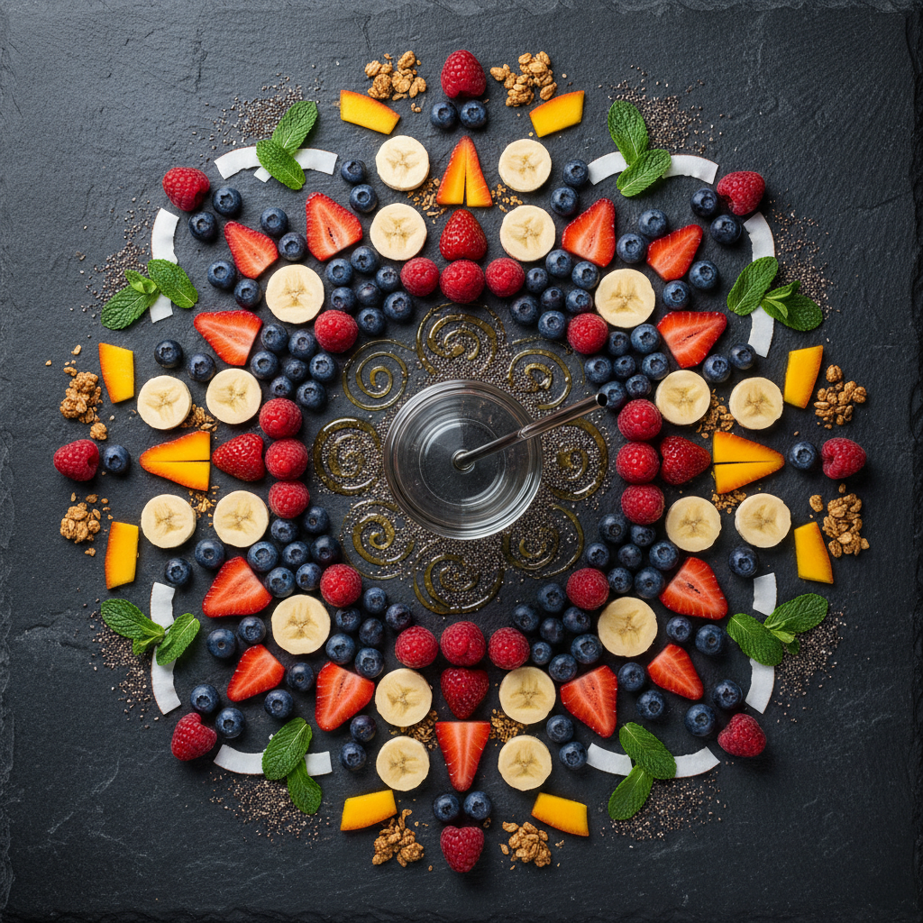 Fresh smoothie ingredients arranged in a beautiful mandala pattern