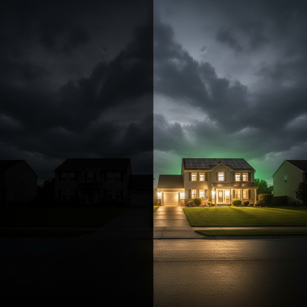 Dramatic split view of suburban street during blackout - one home brilliantly lit with solar power while neighborhood sits in darkness