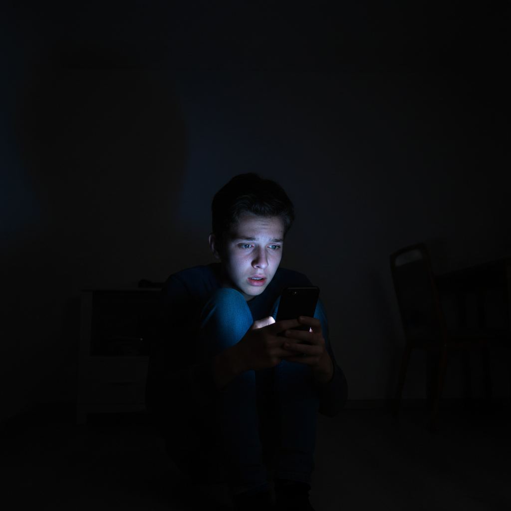 Teenager affected by social media addiction in dark room with phone glow