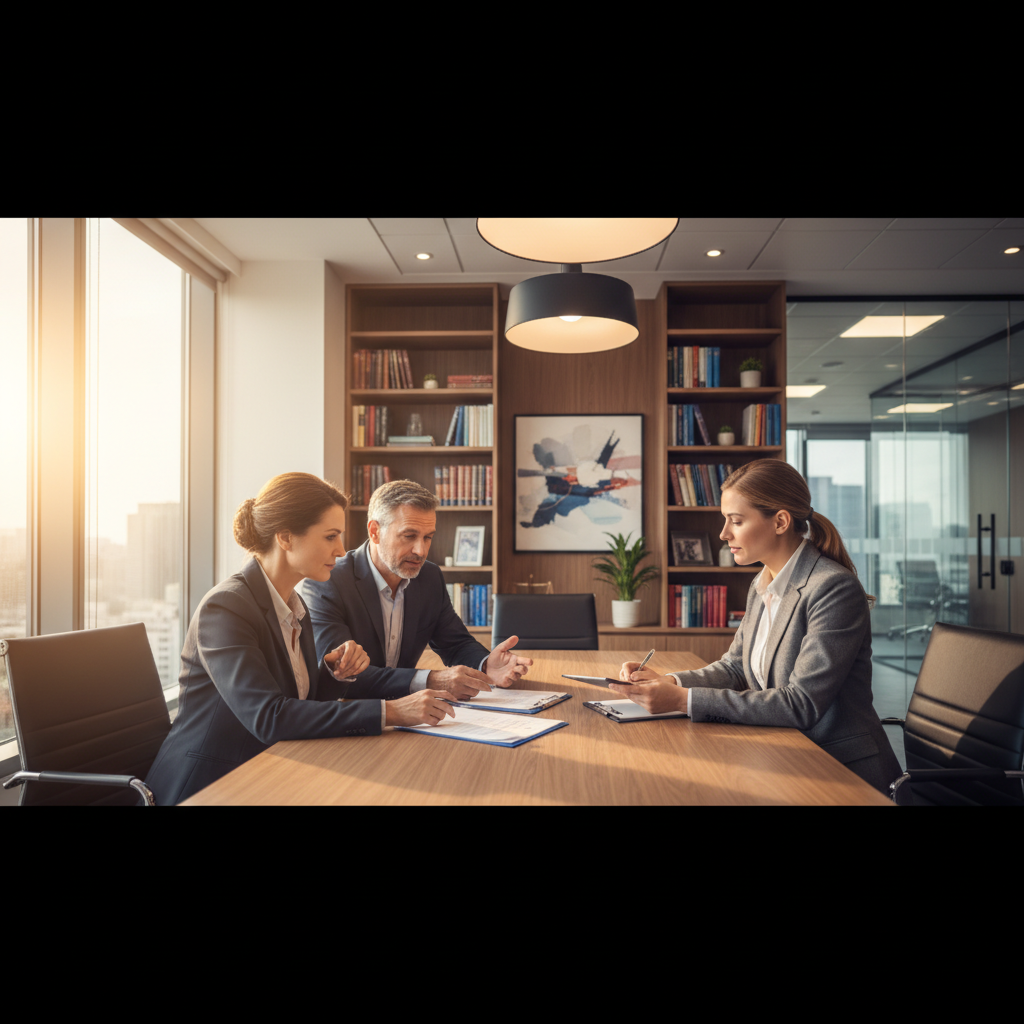 Family consulting with legal professionals about social media lawsuit