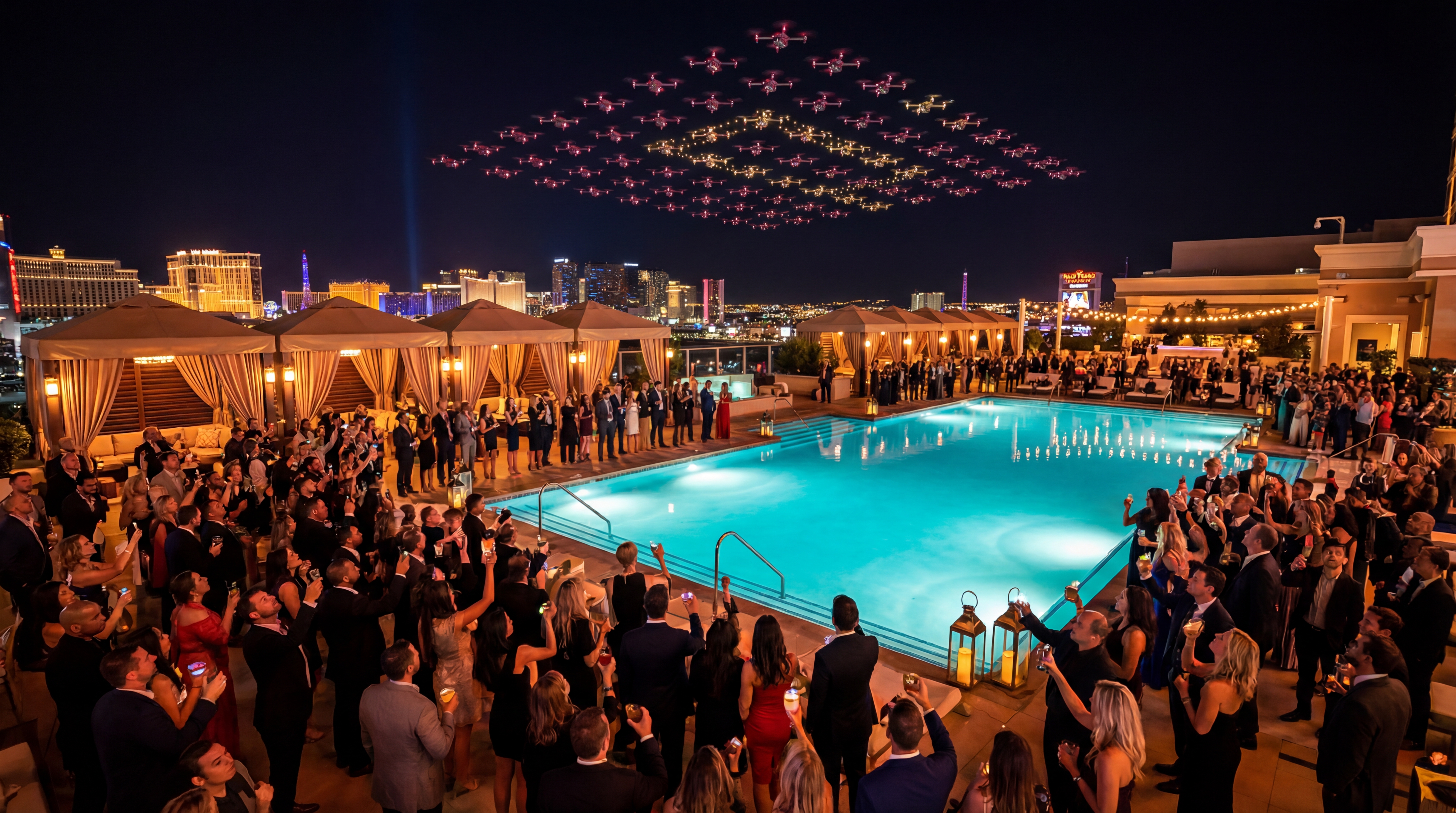 SAHARA pool deck with maroon drone show overhead
