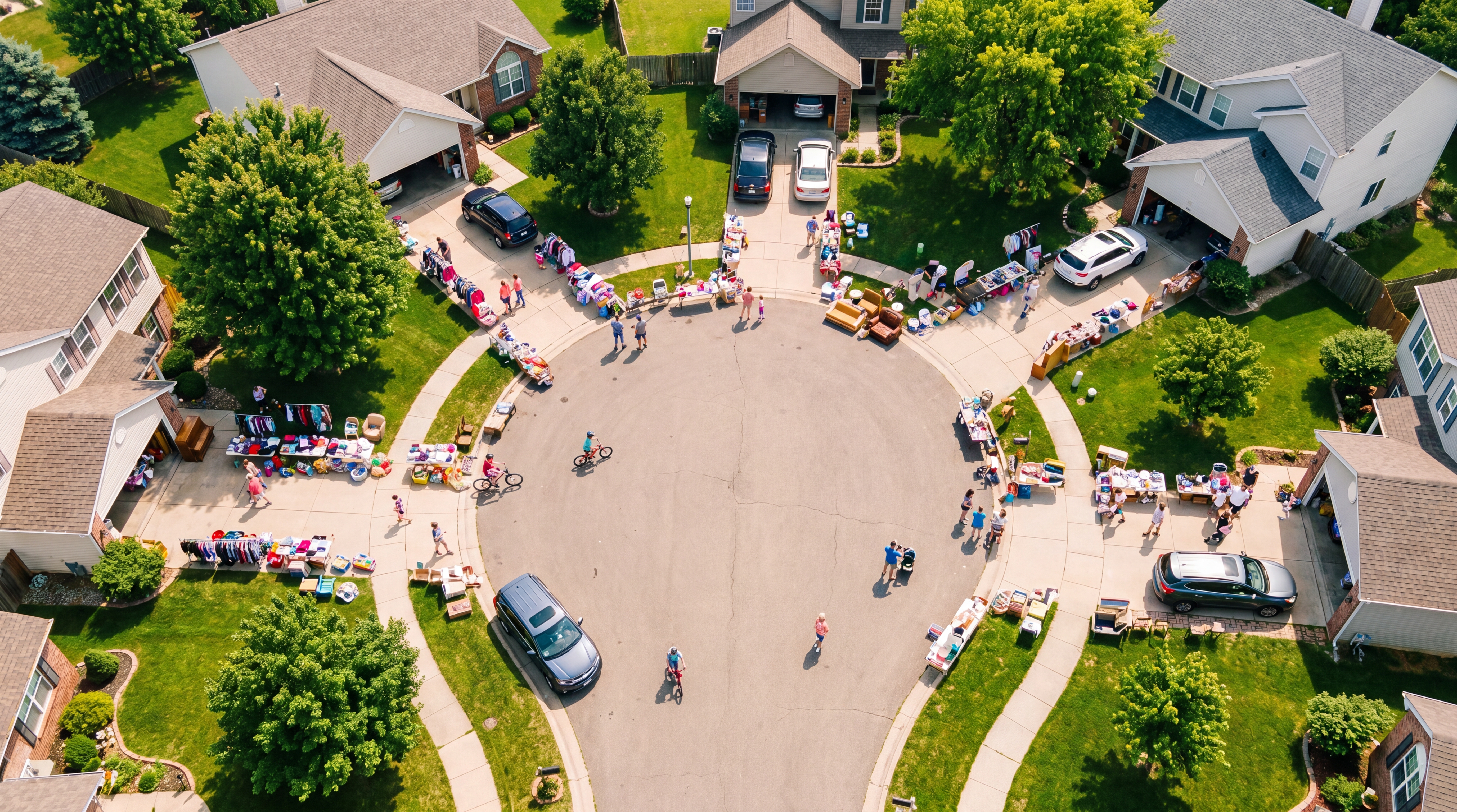 Aerial view of community garage sales