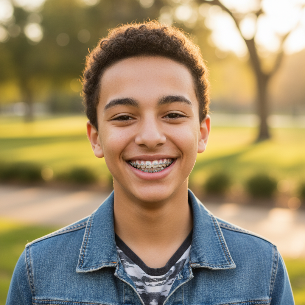 Happy teen smiling with braces outdoors