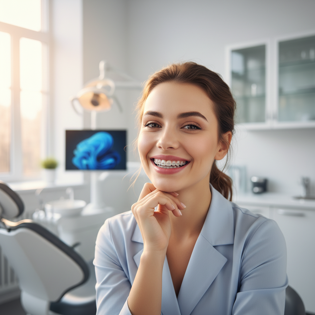 Confident woman smiling with clear braces at Bright Smile Dental