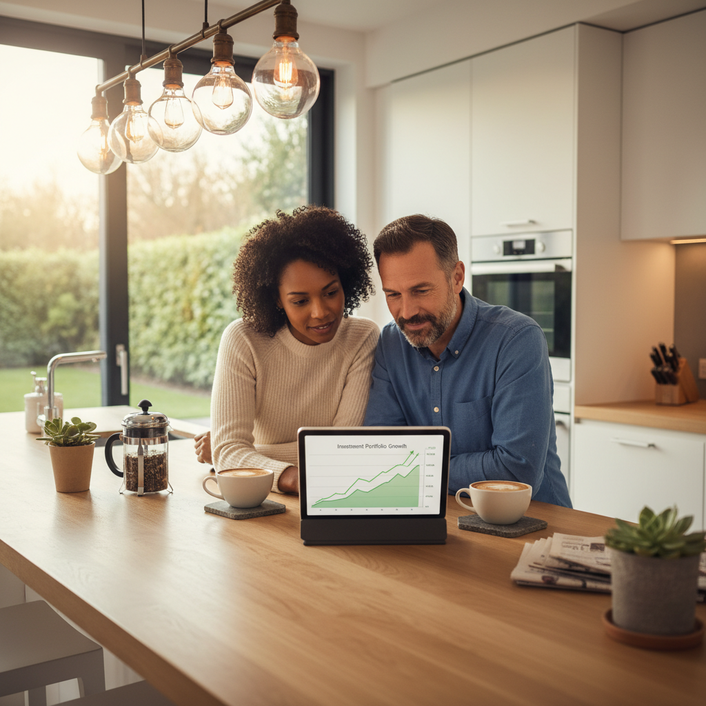 Couple reviewing investment opportunity on a tablet at home