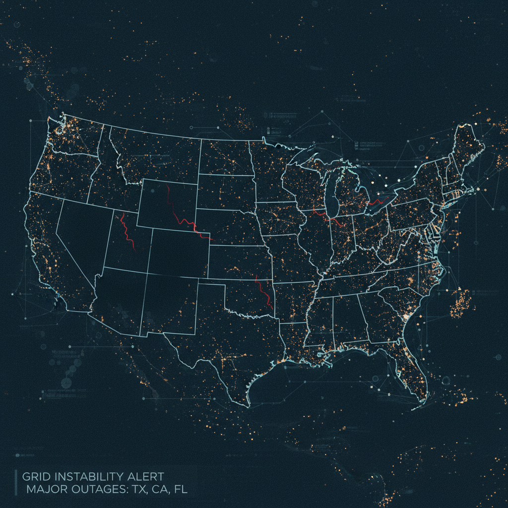 US power grid outage visualization showing blackout zones across Texas, California, and Florida