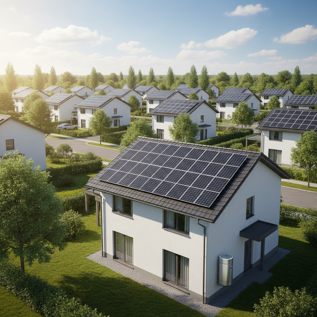 Modern suburban neighborhood with homes featuring rooftop solar installations and battery storage