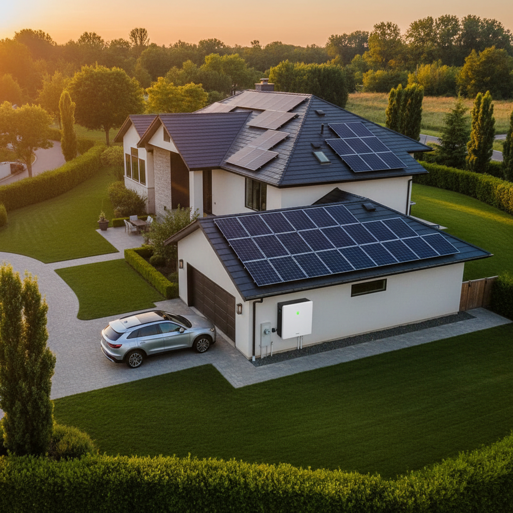 Modern suburban home with rooftop solar panels and battery storage system at golden hour
