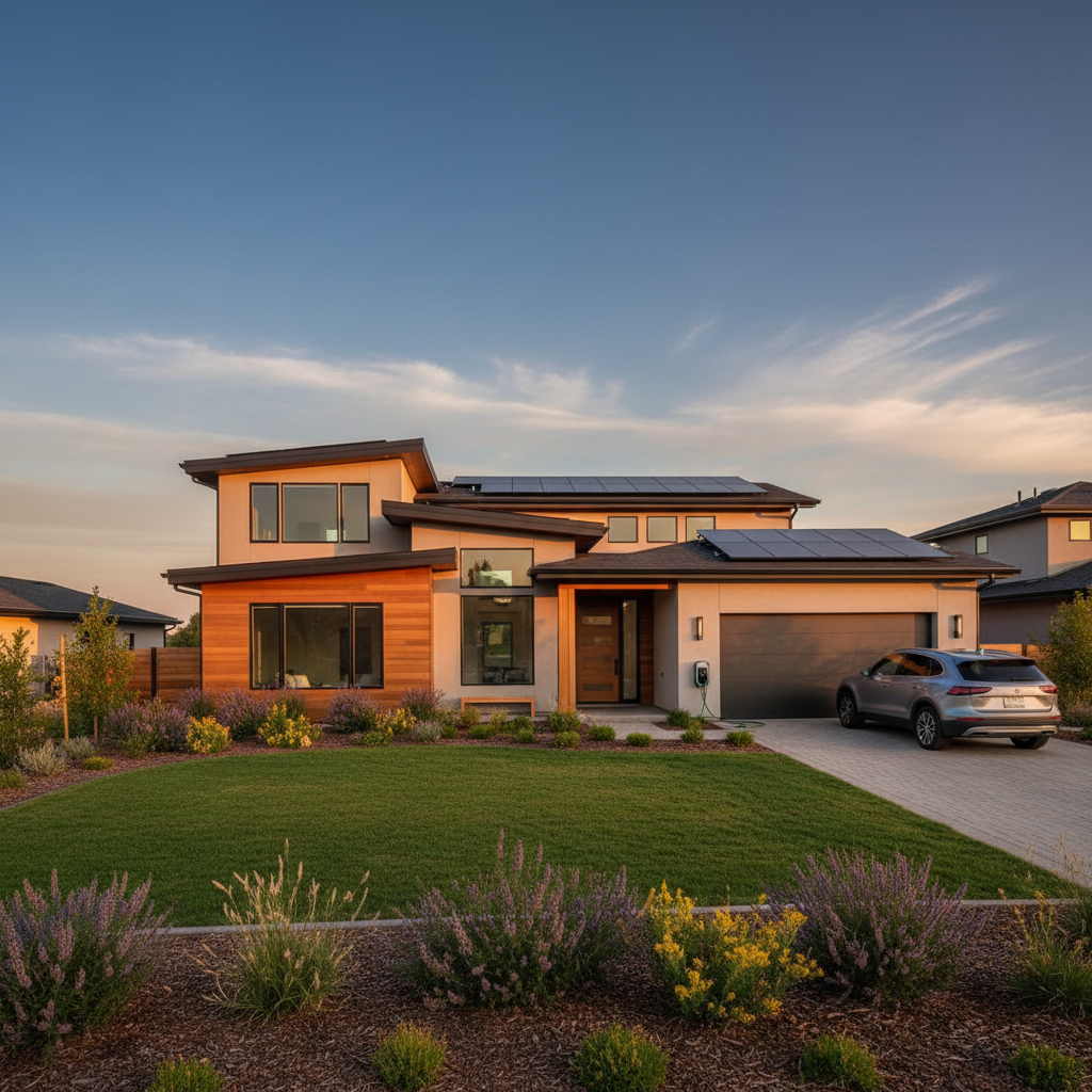Beautiful modern home with solar panels and electric vehicle in driveway at golden hour