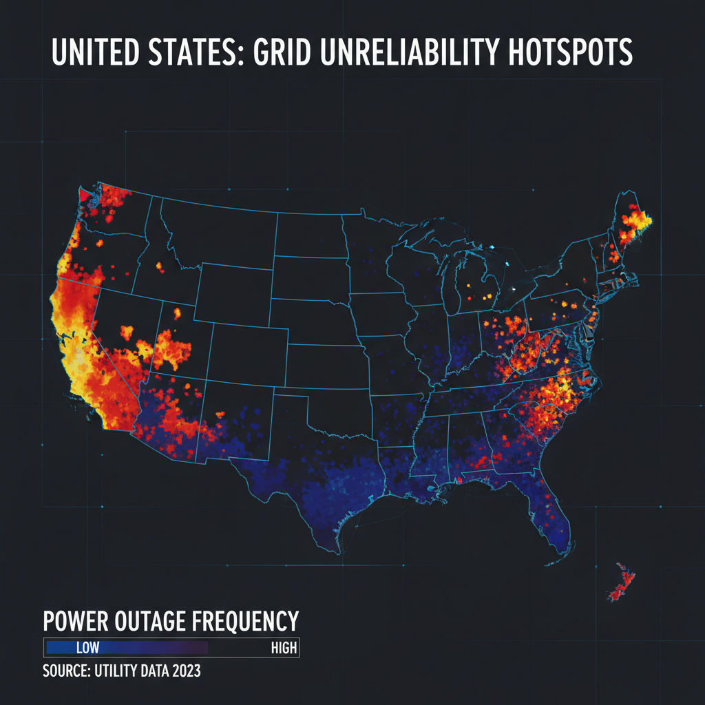 US power outage frequency heat map showing grid instability across California, Texas, and Florida