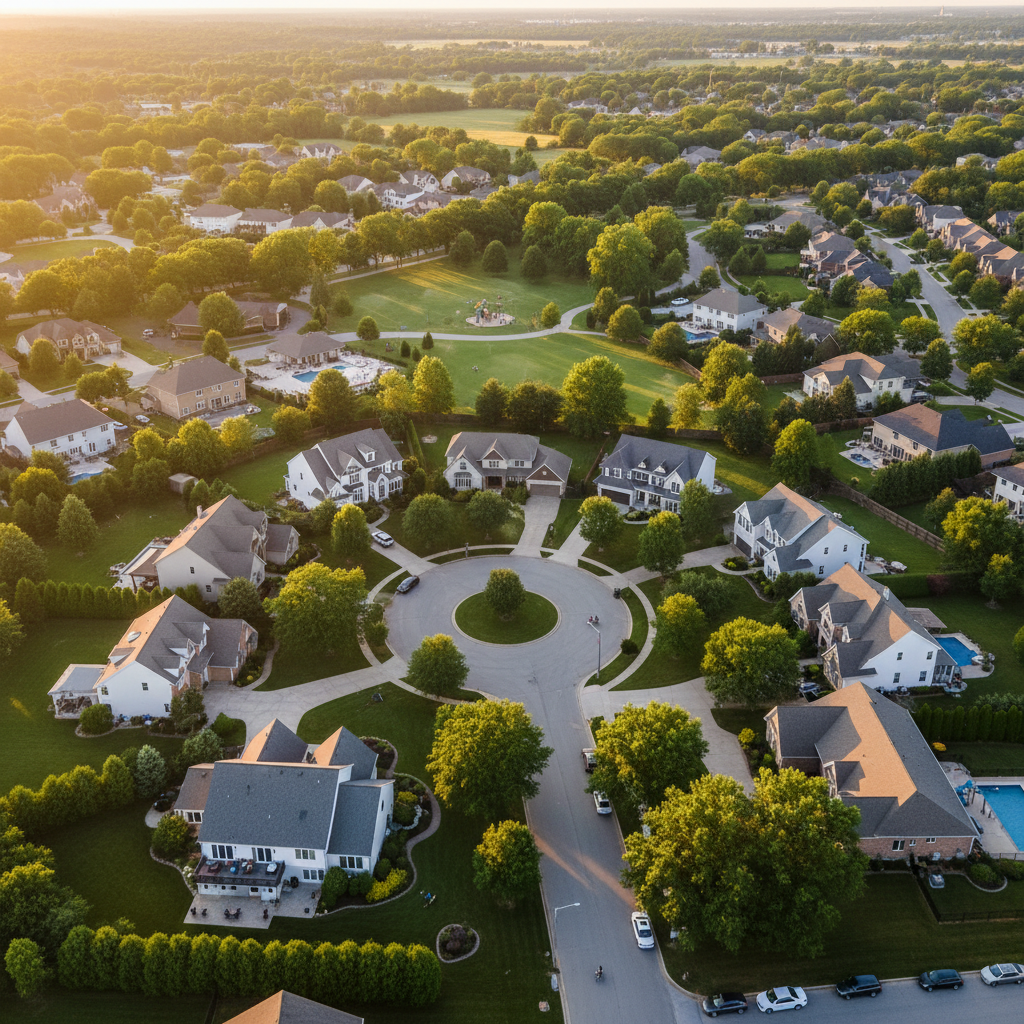 Aerial view of suburban neighborhood
