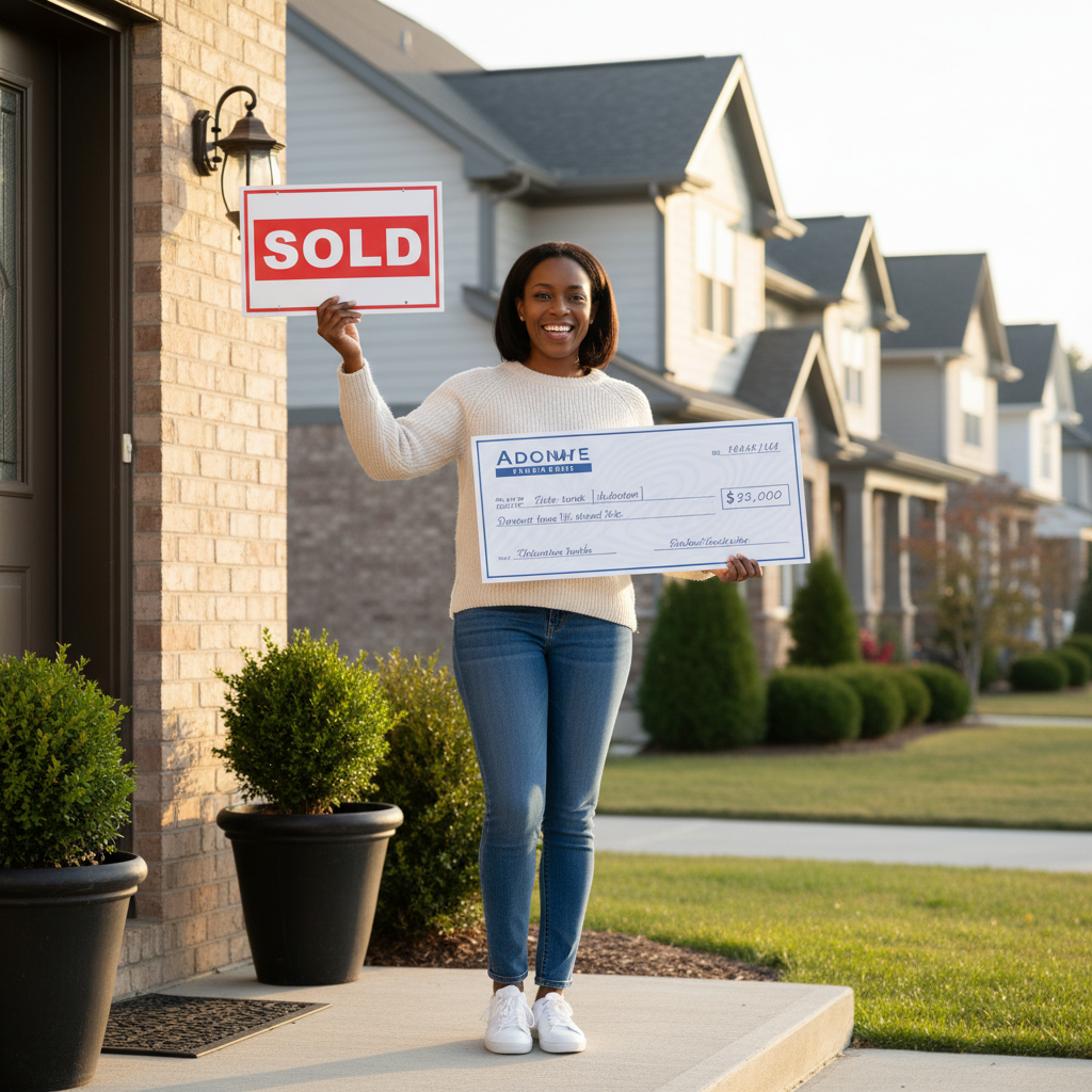 Happy homeowner with sold sign