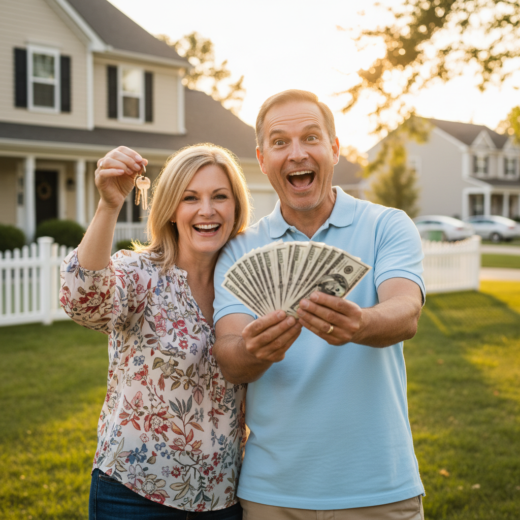 Happy couple holding cash after selling their home