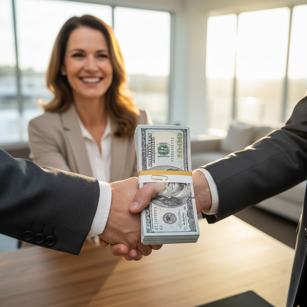 Happy homeowner receiving cash payment