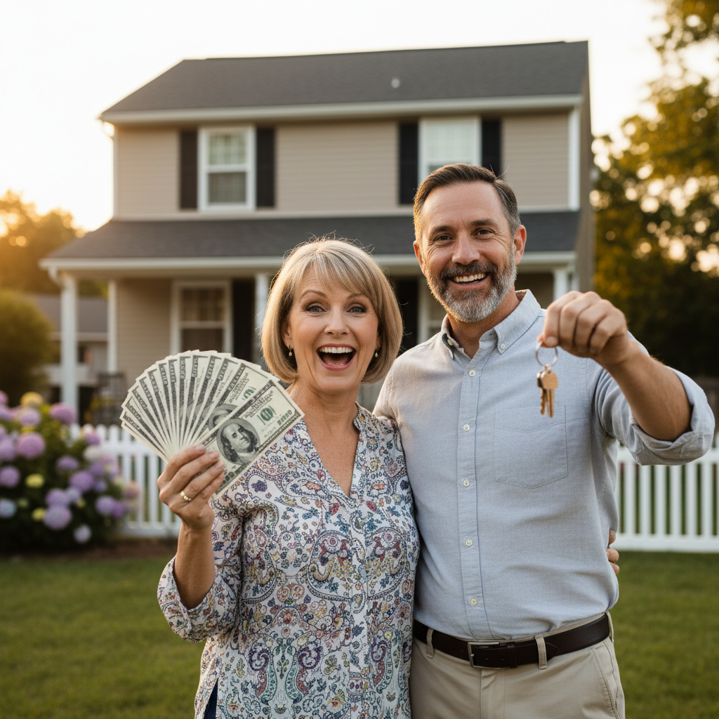 Happy couple receiving cash for their home