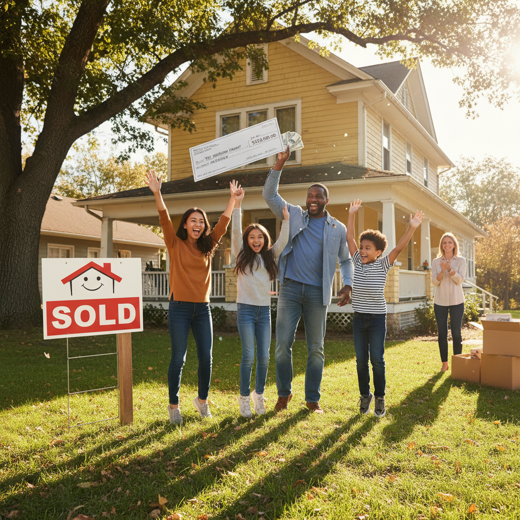 Happy family celebrating selling their home for cash