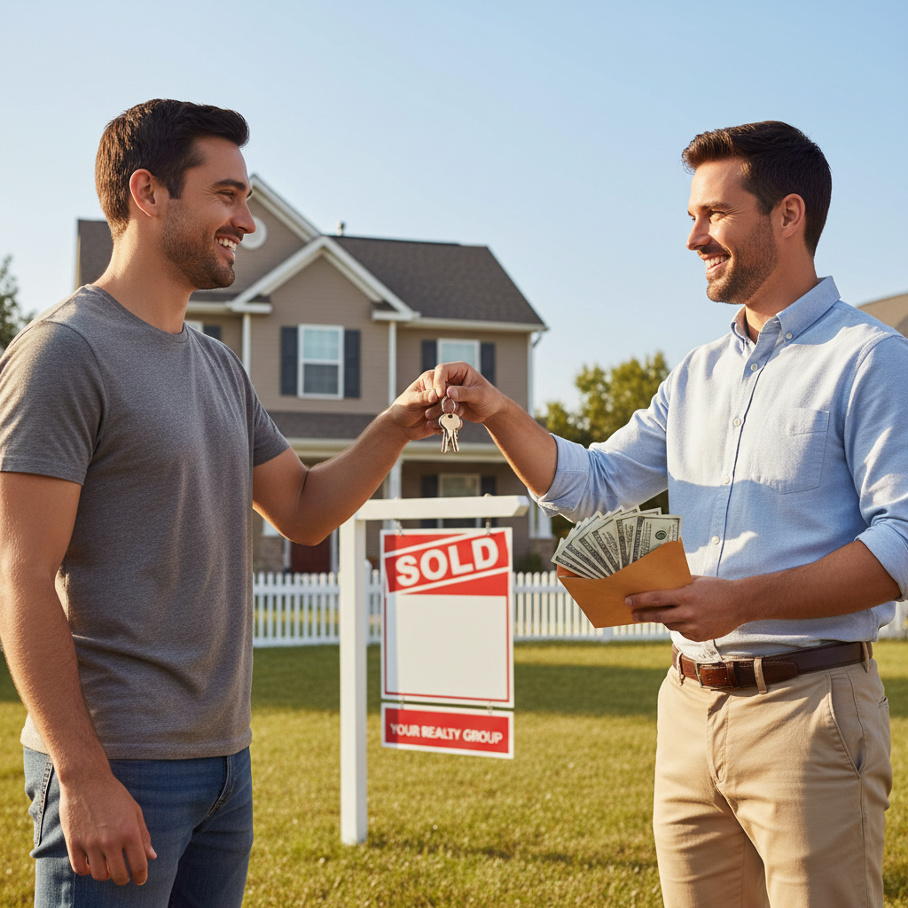 Seller handing over keys after cash sale