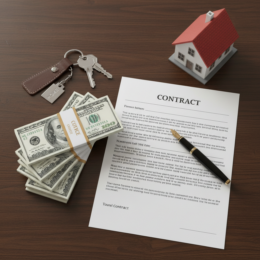 Real estate closing table with cash and keys