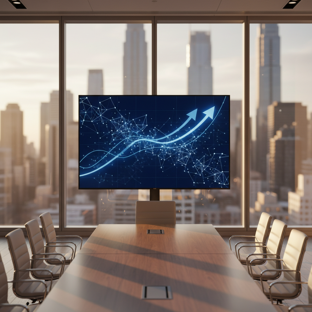 Modern office with AI data visualization on screen