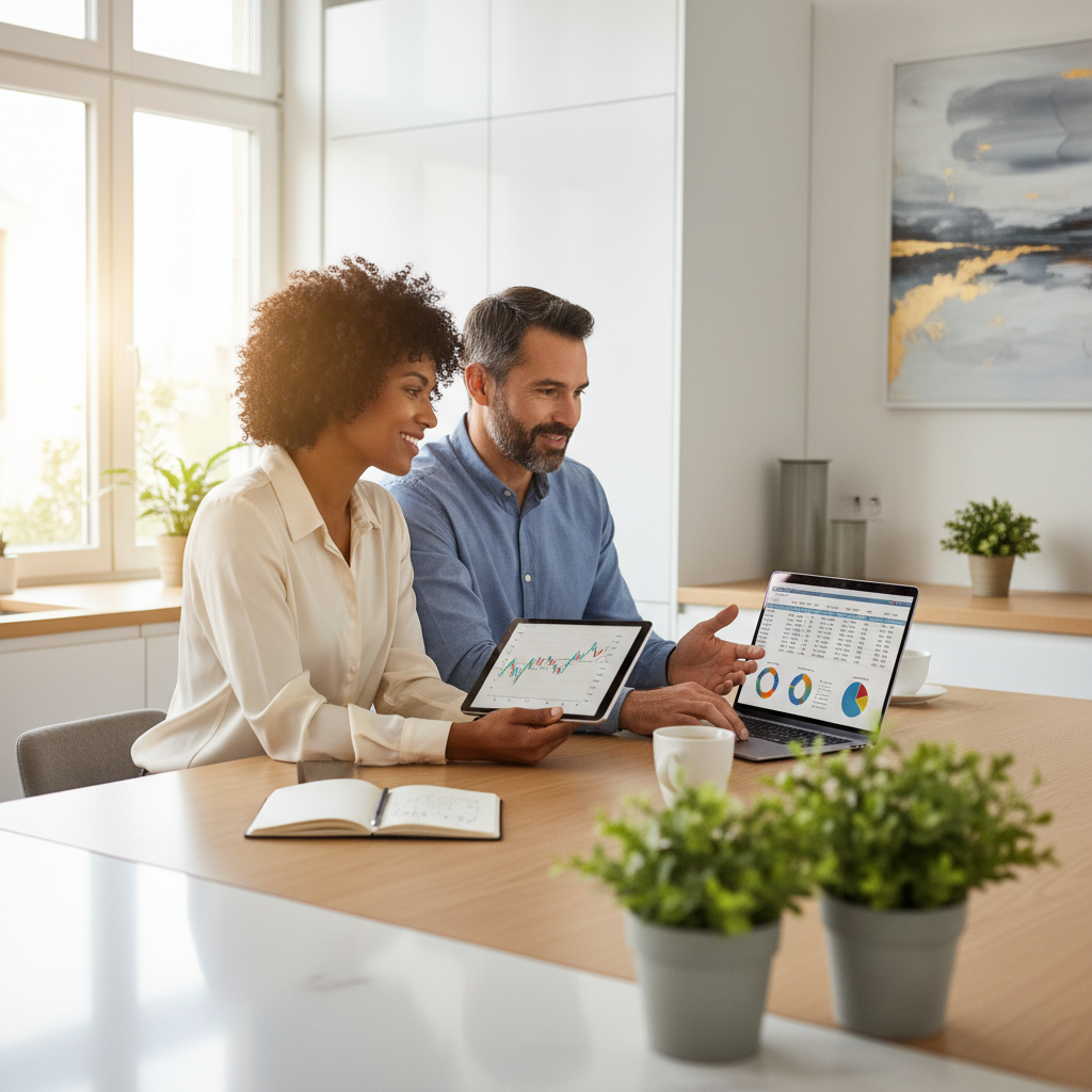 Couple reviewing investment documents at home