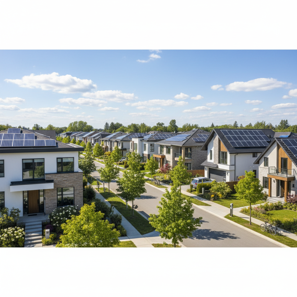 Modern suburban neighborhood with solar panels on rooftops