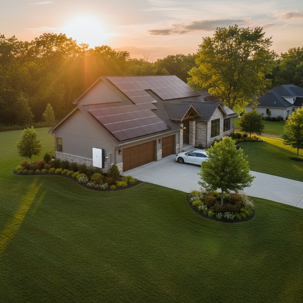 Suburban home with rooftop solar panels and battery storage system at golden hour